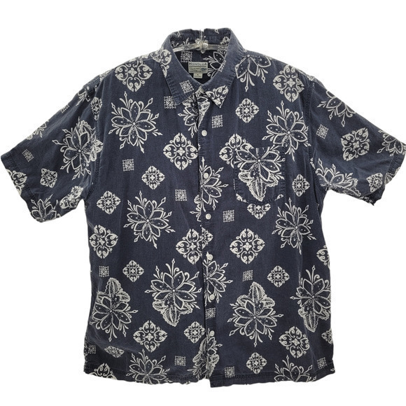 HP Honolua Gray White Floral Linen Short Sleeve Button Up Hawaiian Casual Shirt - Picture 1 of 13